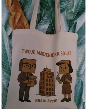 Torba bawełniana Kartonlandii z grafiką Karton Bank i napisem Twoje marzenie na 30 lat, RRSO: życie