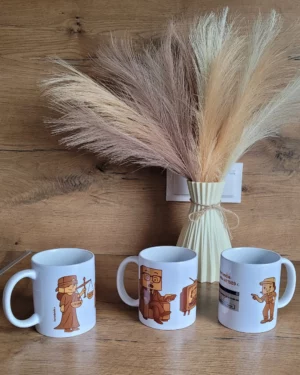 Zestaw 3 białych kubków ceramicznych Kartonlandii z autorskimi grafikami – bez pokrywek